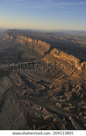 Aerial view of Santa Elena Canyon on the Rio Grande river, border of United States and Mexico. Big Bend National Park, Texas, United States.
