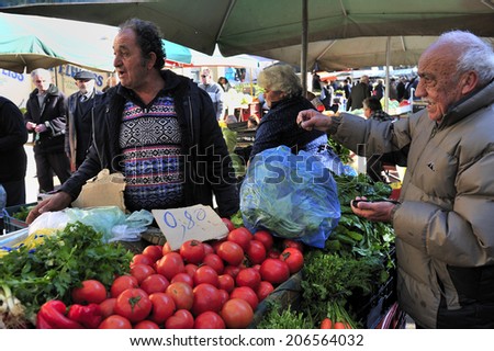 Crete, Greece, - August. 29. 2008: morning market selling vegetable and fruits in Heraklion, the capital of the island of Crete, Greece