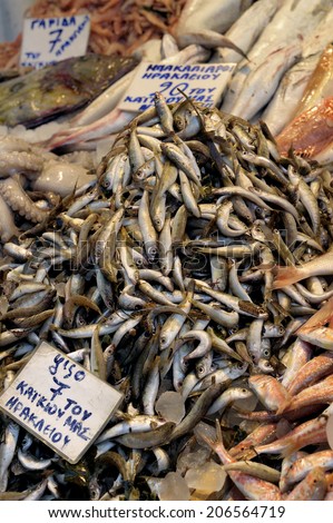 Fresh fish displayed for sale at a local fish market in Heraklion, the capital of the island of Crete, Greece