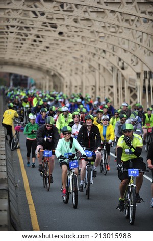 New York City, USA, - May. 4. 2014: people crossing Queensboro Bridge by bike at Five Boro Bike Tour, New York, USA