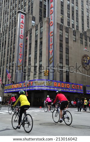 New York City, USA, - May. 4. 2014: people riding in front of Radio City at Five Boro Bike Tour, New York, USA