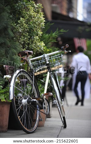 New York City, USA, - May. 18. 2014: Bike sitting by the outdoor cafe, Tribeca, New York, USA