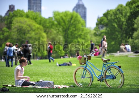 New York City, USA, - May. 17. 2014: Bike rider at Central Park, Manhattan. New York, USA