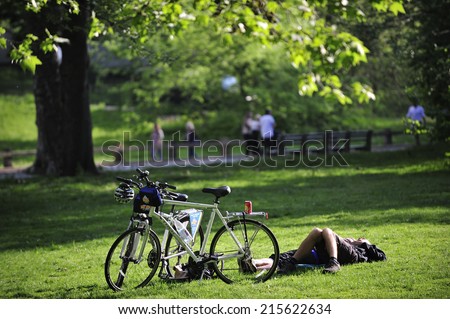 New York City, USA, - May. 17. 2014: Bike riders at Central Park, Manhattan. New York, USA