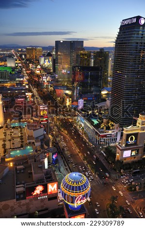 LAS VEGAS, NEVADA, - Feb. 25. 2011: Aerial view of Strip at Las Vegas Boulevard, the main street of the town and home of the largest hotels and casinos, Las Vegas, Nevada, USA