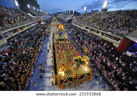 RIO DE JANEIRO, RJ /BRAZIL - March 8, 2014: World's famous carnival in Rio de Janeiro, samba school parading in Sambadromo, the carnival stadium, with 90000 spectators.