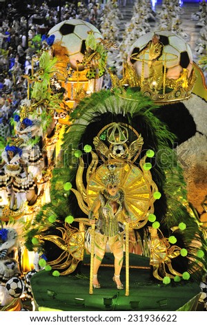 RIO DE JANEIRO, RJ /BRAZIL - March 8, 2014: World\'s famous carnival in Rio de Janeiro, samba school parading in Sambadromo, the carnival stadium, with 90000 spectators.