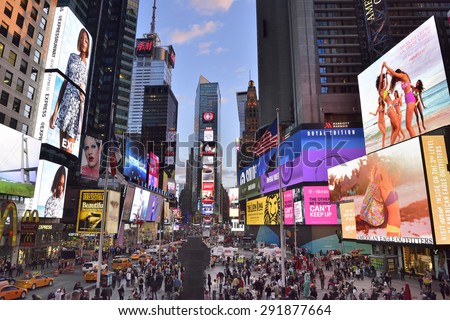 NEW YORK CITY, USA- April, 28. 2015: Times Square, with Broadway Theaters and animated LED signs, is a symbol of New York City and the United States, , Manhattan, New York City.