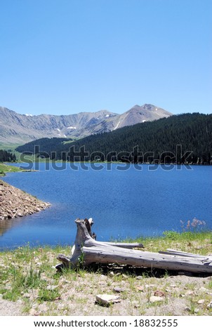 Rocky Mountain peaks beyond a crystal clear lake