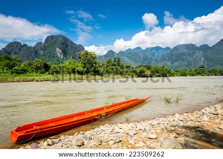 Surreal landscape by the Song river at Vang Vieng, Laos