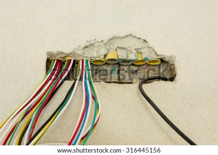 Wire box with different colored cables for power outlet installation.