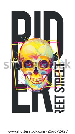 vector illustration skateboard freestyle street style legendary rider of colorful skull, graphics for t-shirt ,vintage design