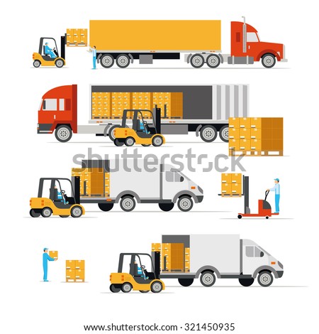 Vector illustration in a flat style icons cargo transportation goods by road trucks, loading and unloading of goods lift trucks, varieties forklifts