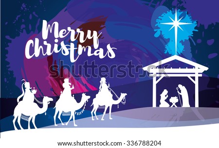 vector illustration Birth of Christ, baby Jesus reaching the Magi bear gifts, three wise kings and star of bethlehem, nativity christmas graphics design elements