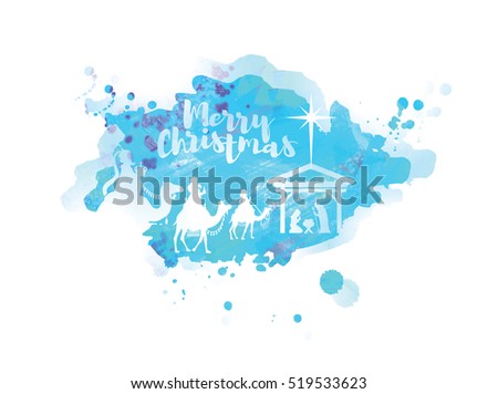 vector illustration Birth of Christ, baby Jesus reaching the Magi bear gifts, three wise kings and star of bethlehem, nativity christmas graphics design elements