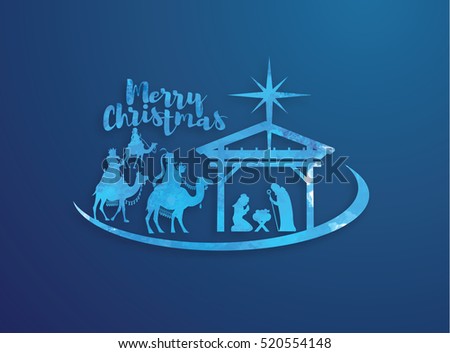 vector illustration Birth of Christ, baby Jesus reaching the Magi bear gifts, three wise kings and star of bethlehem, nativity christmas graphics design elements.