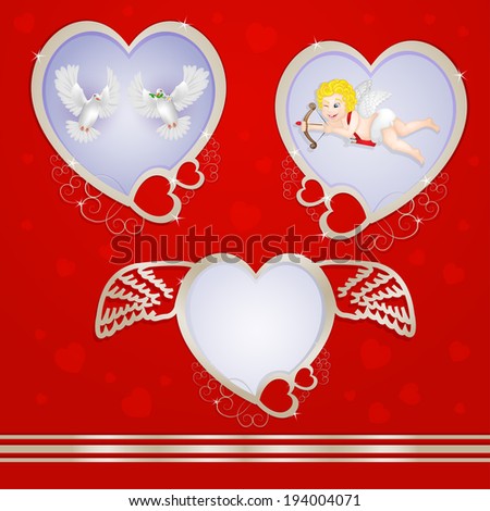 Golden heart frames with pigeons and cupid