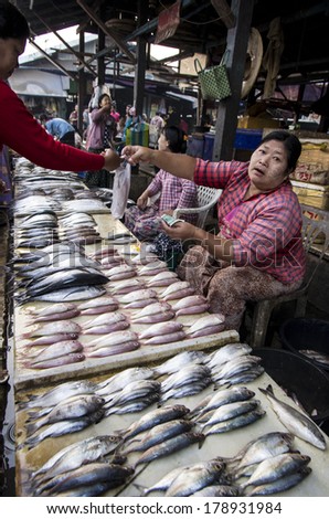 MYANMAR, BURMA - FEB 18, 2014 : The Dawei fresh market in the morning.