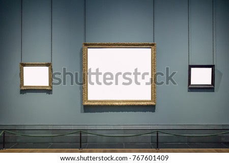 3 blank hanging individual frames in an art gallery museum exhibition template