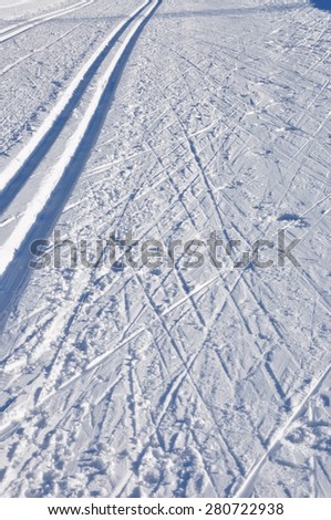 Snow path in to the snow mountain for nordic ski. Path od nordic ski. Skiing tracks in the winter
