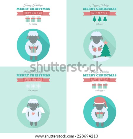 New Year cards with symbol of year cute sheep. Vector holiday illustrations in flat style