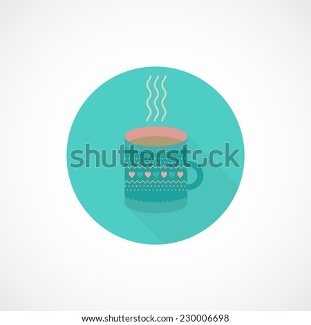 Circle flat style icon cup of coffee or tea. Vector icon with long shadow