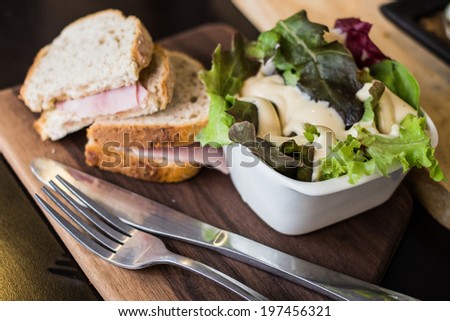 plate of caesar salad with folk and crisp breads on background