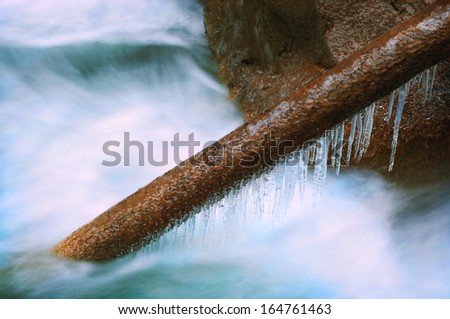 Icicles formed on a fallen tree trunk during winter, in the cold water of a river.