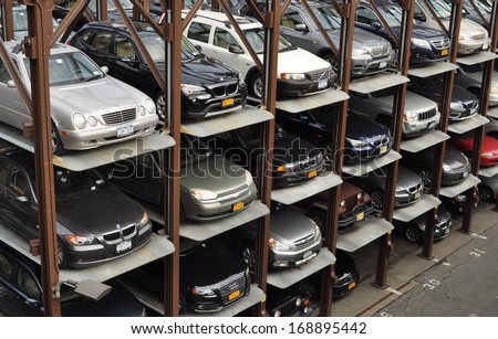 New York, United States - February 13: Many Cars Are Parked In Multi Level Open Space Car Parking Lot In Manhattan, In New York On February 13, 2013.