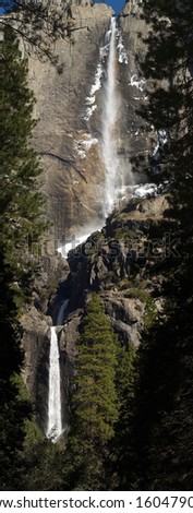 Yosemite Falls A vertical panorama of the lower and upper Yosemite falls.