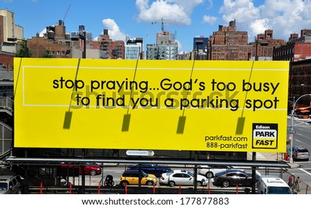 NY - AUG 4, 2013:  Parking lot billboard advertising sign at West 18th Street and 11th Avenue for Edison Park Fast