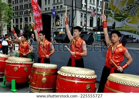 NYC - May 28, 2011:  Youthful Taiwanese drummers performing on traditional Chinese drums at the Passport to Taiwan festival