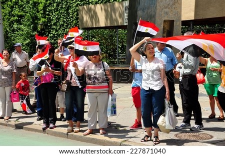 NYC - July 29, 2013:  Egyptians demonstrating in Dag Hammerskjold Plaza across  from the United Nations in support of the Army which deposed President Morsi\'s  Islamic Brotherhood government