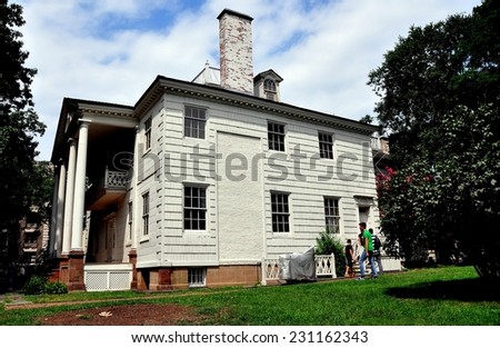 New York City - August 10, 2013:  Historic 1765 Morris-Jumel Mansion, the oldest house in Manhattan, where George Washington maintained an office during the  New York City Revolutionary War battles