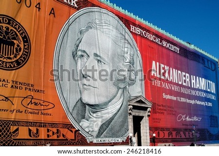 New York City - February 13, 2005:  A silk-screened cloth panel covers the east front of the New York Historical Society Museum on Central Park West during its blockbuster Alexander Hamilton show