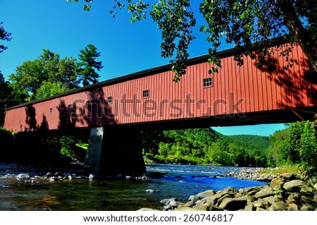 West Cornwall, Connecticut - September 15, 2014:  The 1864 West Cornwall Covered Bridge. also known as Hart Bridge, is a wooden lattice truss bridge over the Housatonic River  *