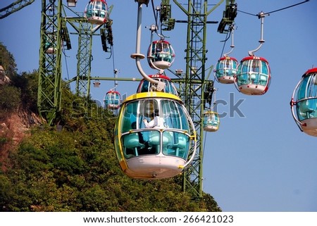 Hong Kong, China - January 2, 2008:  An enormous cable car system with hundreds of gondolas transports visitors from the lowlands to the headlands stations at Ocean Park