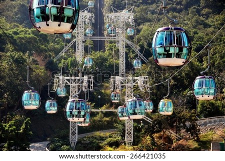 Hong Kong, China - January 2, 2008  Two cable car systems with hundreds of gondolas whisk visitors from the lowlands to headlands Ocean Park stations in ten minutes