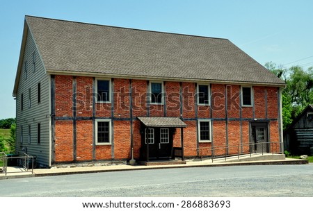 Lititz, Pennsylvania - June 9, 2015:  18th century fachwerk half-timbered brick Friends meeting house church on Market Street