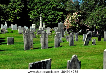 Rockingham, Vermont - September 19, 2014:  18th-19th century gravestones at the 1787 Meeting House Church burial ground *