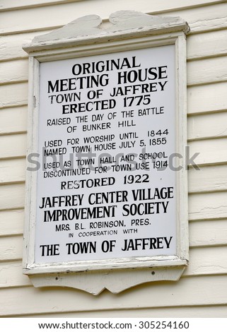 Jaffrey Center, New Hampshire - July 11, 2013:  Town of Jaffrey historic sign on the 1775 Original Meeting House church