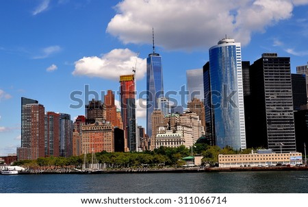 New York City - August 27, 2015:  View of the lower Manhattan skyline with One World Trade Center tower at the center