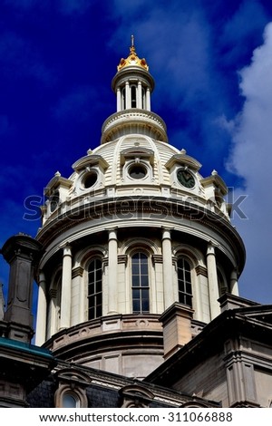 Baltimore, Maryland - July 22, 2013:  Elegant dome with cupola atop 1867 Baltimore City Hall