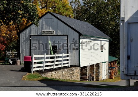 Lancaster, Pennsylvania - October 18, 2015:  Old Farming Equipment shed at the Amish Farm and House Museum