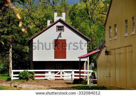 Lancaster, Pennsylvania - October 14, 2015:  Education Building and Yellow Barn at the Landis Valley Village and Farm Museum