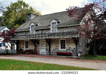 Lancaster, Pennsylvania - October 14, 2015:  Recreated c. 1800-20 Tavern built of stone at the Landis Valley Village and Farm Museum
