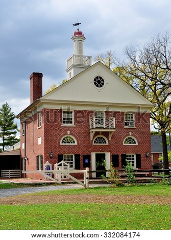 Lancaster, Pennsylvania - October 14, 2015:  Colonial Style brick and wooden Visitor Center at the Landis Valley Village and Farm Museum