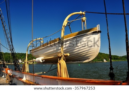 Mystic, Connecticut - July 11, 2015:  Lifeboat on the 1882 three masted full-rigged sailing ship Joseph Conrad at the Mystic Seaport Museum