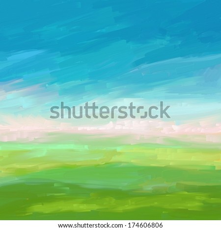 Sky and spring field, digital oil painting texture