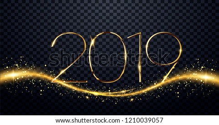 NYE (New Year Eve) 2019. Happy New Year 2019 winter holiday greeting card design template. Party poster, banner or invitation gold glittering stars confetti glitter decoration. vector illustration